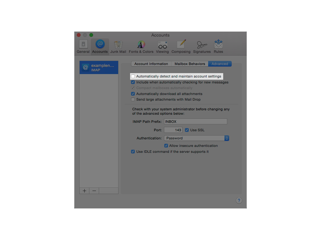 Advanced settings screen in mac mail.