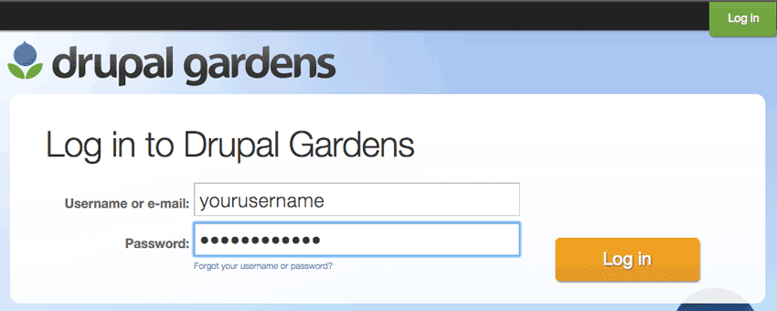 The Drupal Gardens login page.