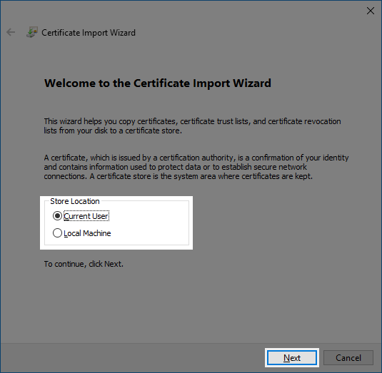 The certificate import wizard