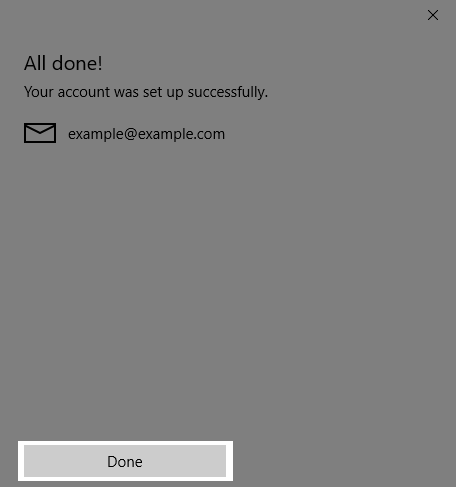 The Windows 10 mail setup successful window.