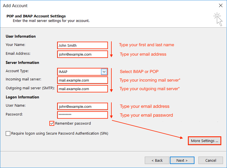 imap acct email setup for outlook