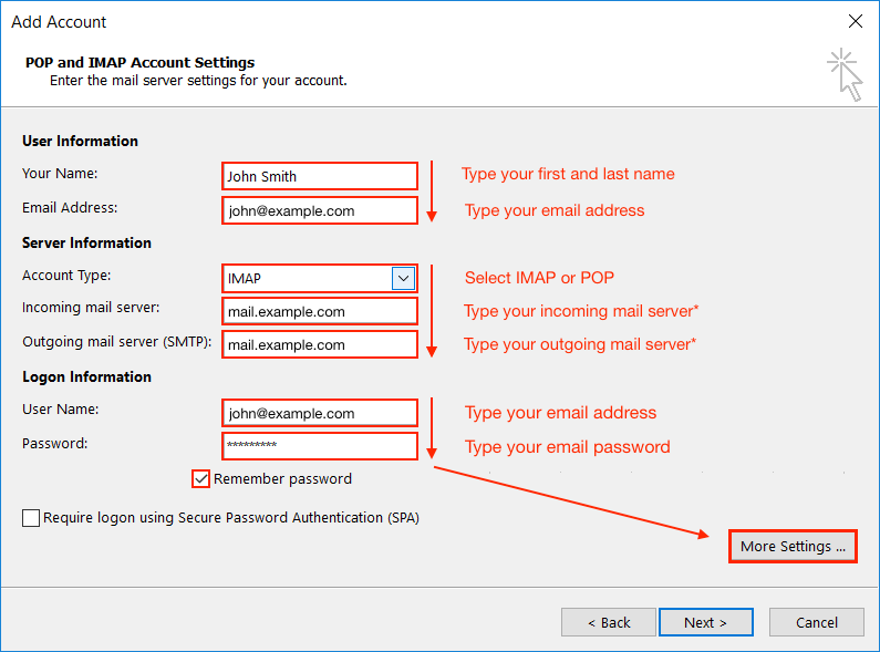 outlook setup account email manual windows settings server hostmonster information fastdomain application window help type bluehost