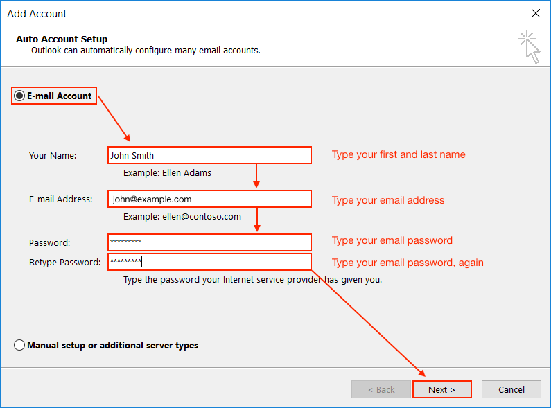 how to manually add email account in outlook 2016